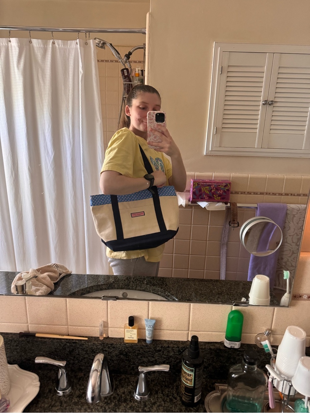 Vineyard Vines Beige Canvas Tote with Navy and Blue Trim